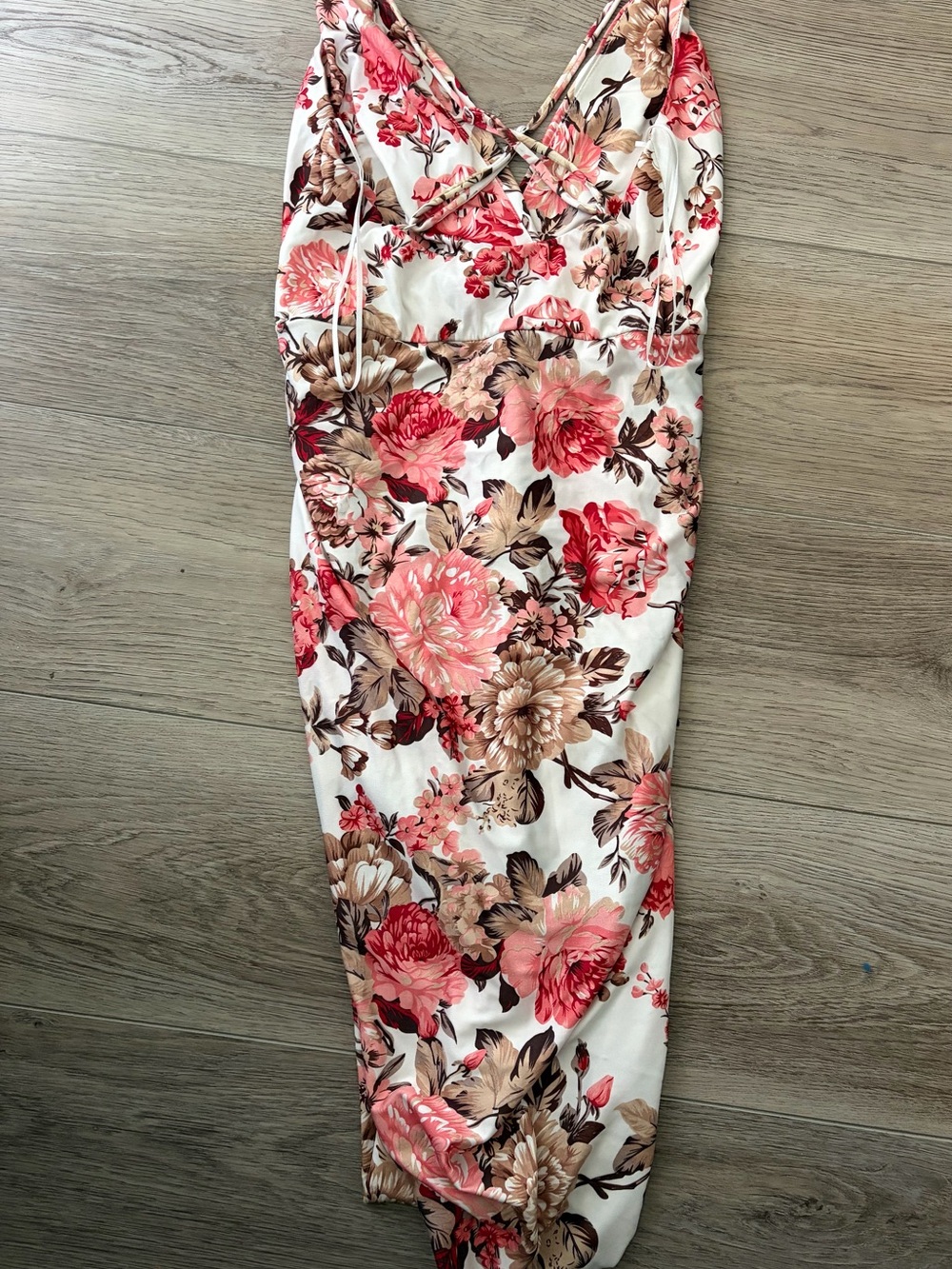 Miss Avenue White Floral Asymmetrical Maxi Dress with Pink and Brown Accents